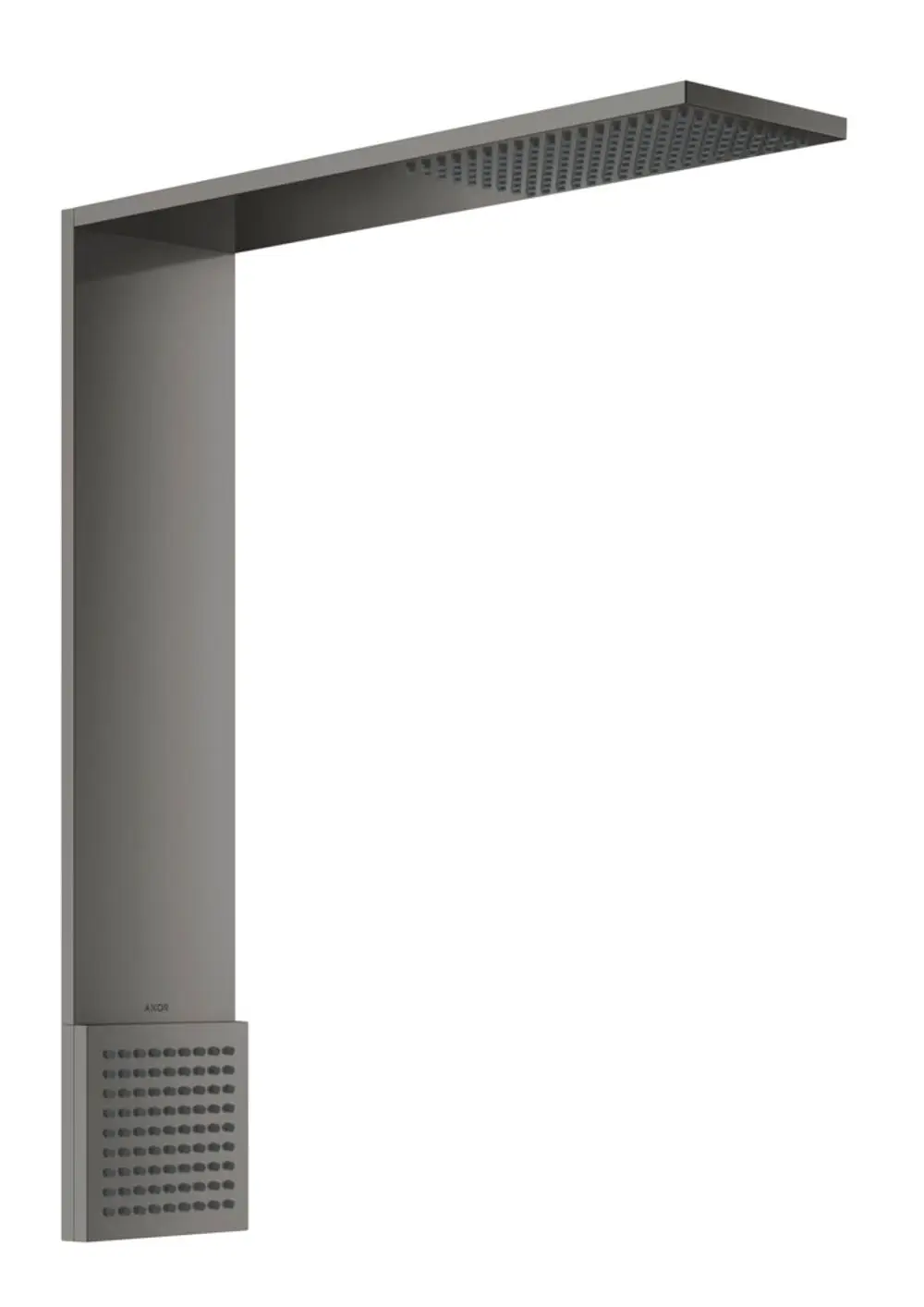 Duschenmodul in Schwarz, vertikales Design mit flacher Oberseite und seitlichem Auslass. Hersteller AXOR.